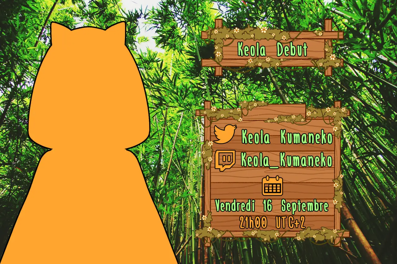 Silhouette orange de Keola devant une forêt de bambous, sur une annonce de ses débuts