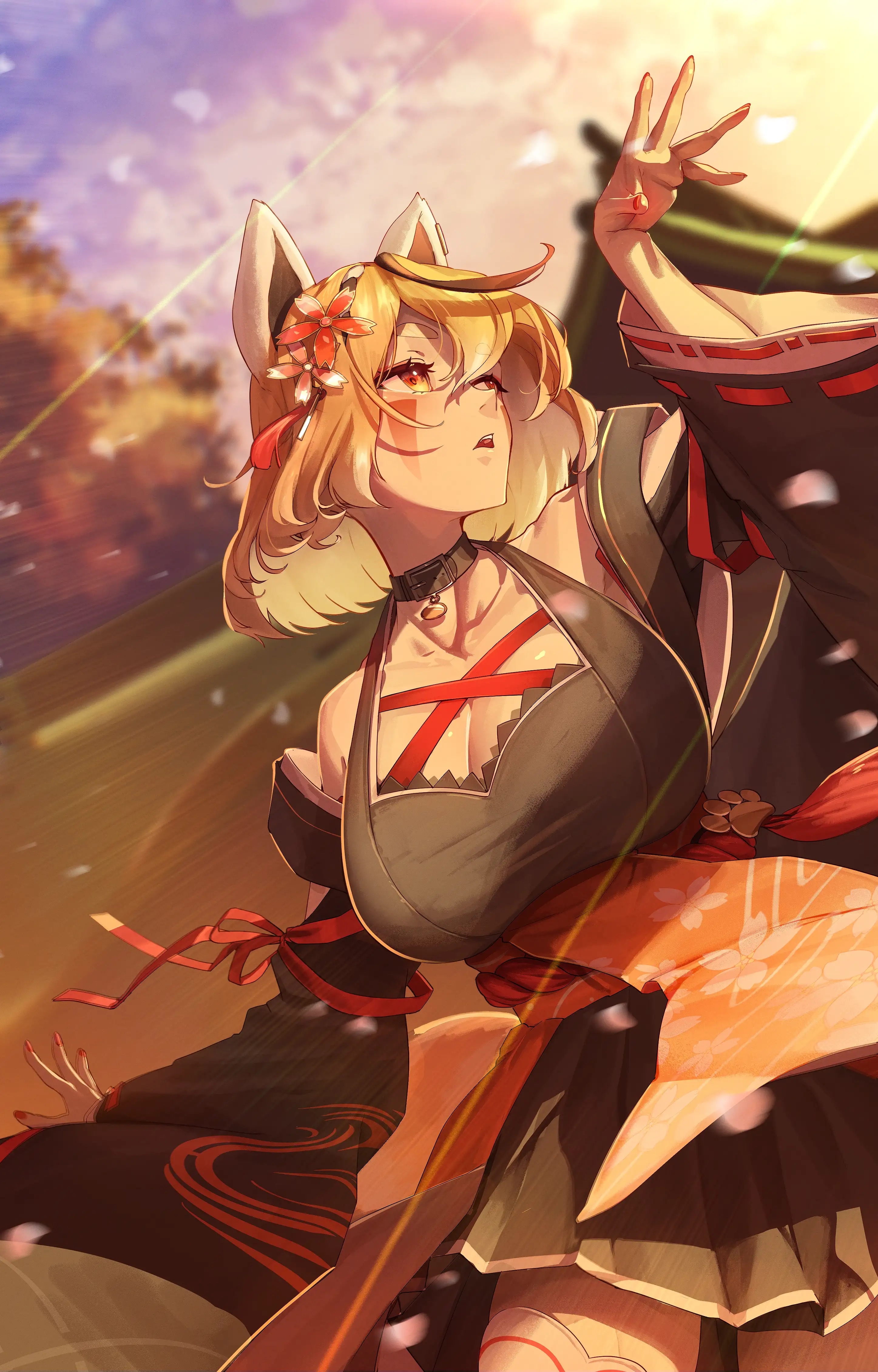 Fanart 102 : Keola en tenue japonaise regarde le ciel, d'où tombent des pétales de fleurs de cerisier