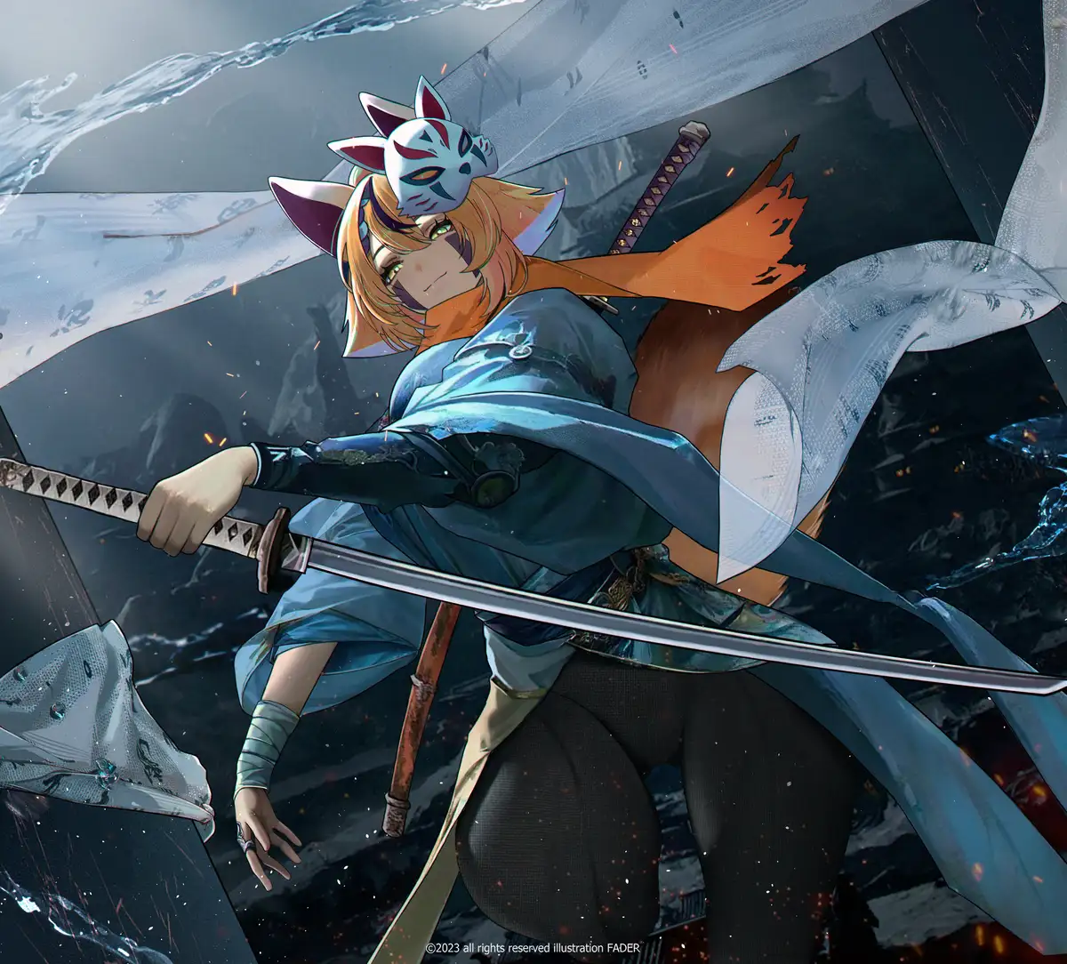 Fanart 11 : Keola en tenue bleue, un katana à la main, se tient dans un paysage sombre