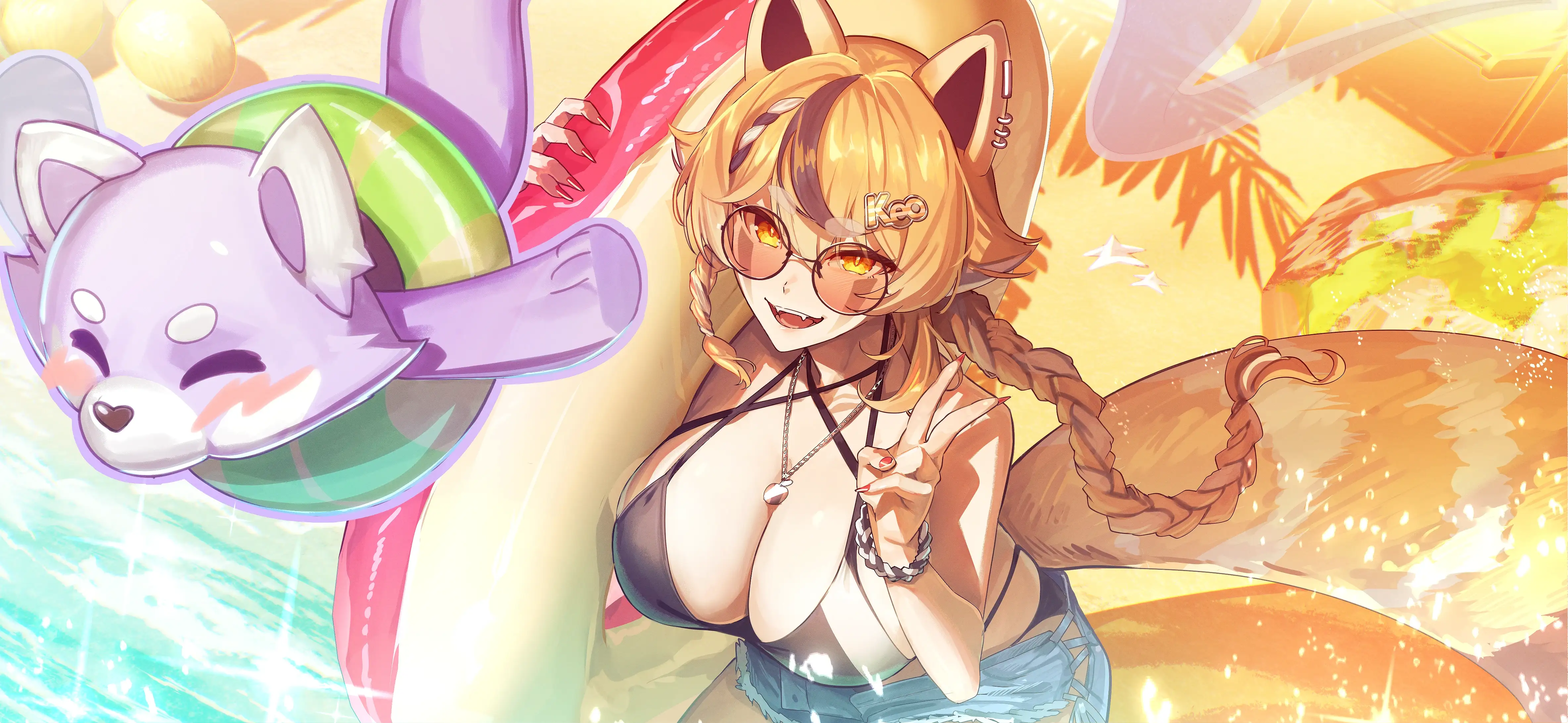 Fanart 111 : Keola à la plage, accompagnée d'un petit esprit violet dans une bouée