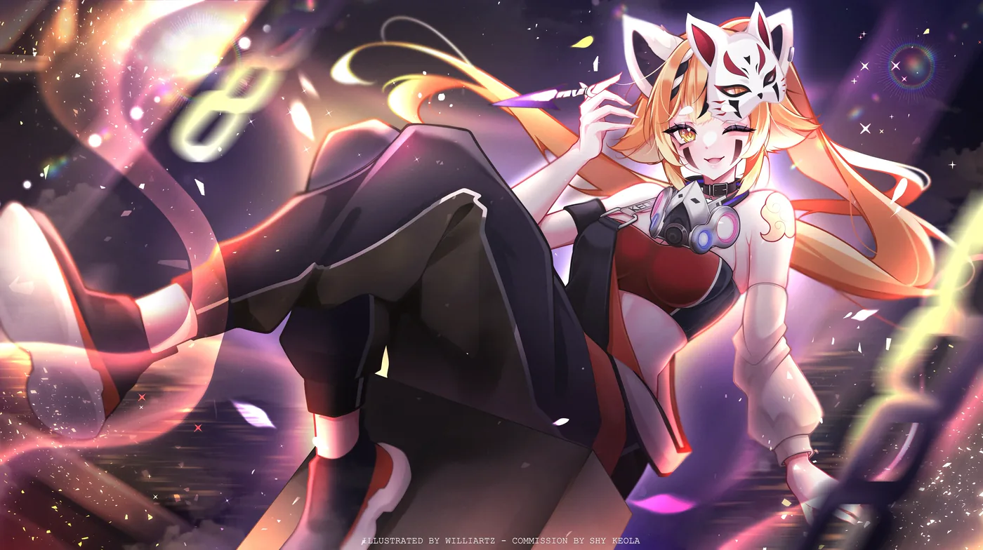 Fanart 112 : Keola fait un clin d'œil, un masque de renard sur la tête et un masque à gaz autour du cou