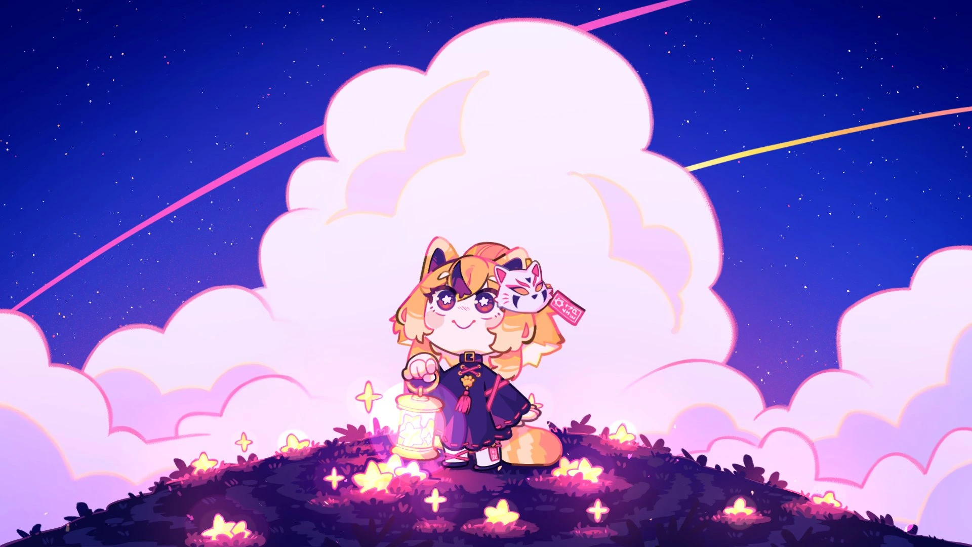 Fanart 113 : Keola sur une colline, une lanterne à la main, regarde le ciel étoilé