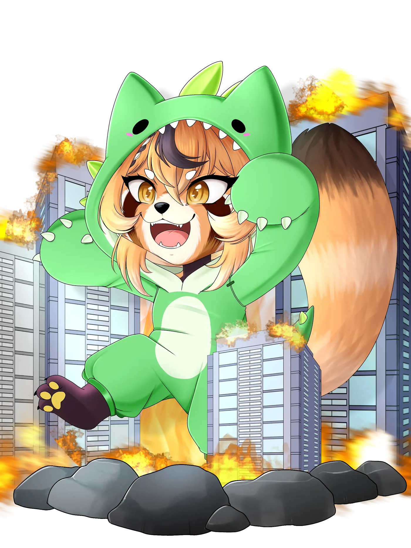 Fanart 13 : Keola, géante, déguisée en dinosaure, marche dans une ville en feu