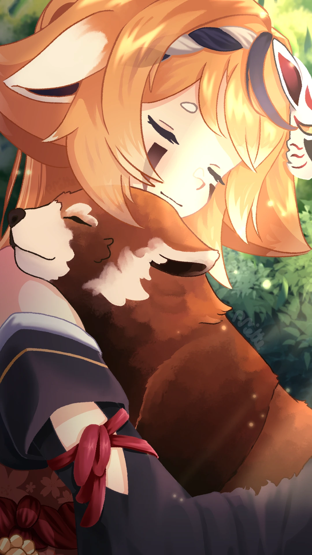 Fanart 17 : Keola fait un câlin à un panda roux, qui a la tête posée sur son épaule droite