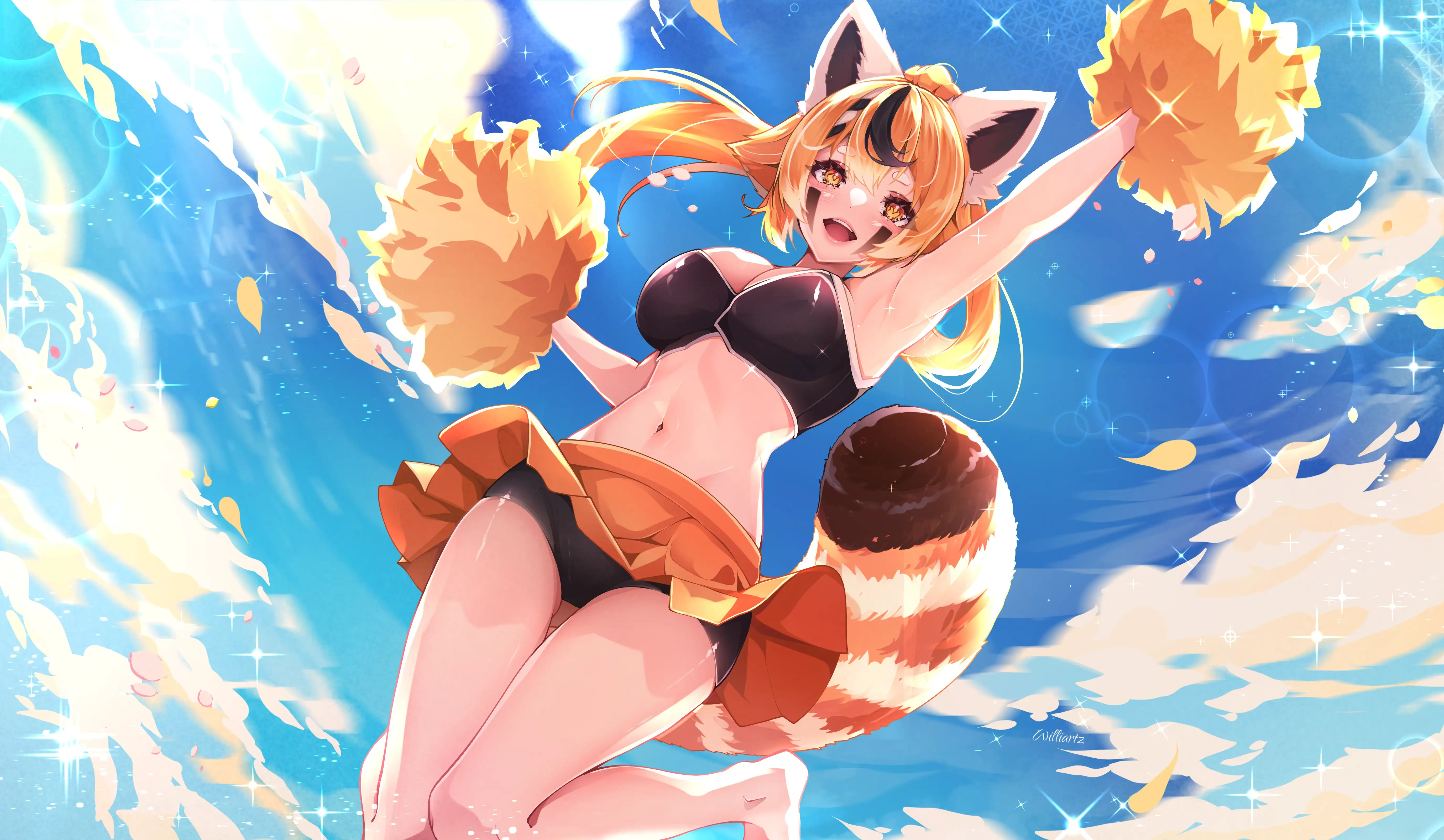 Fanart 2 : Keola, tenant des pompons orange, bondit au milieu des vagues sous un ciel bleu
