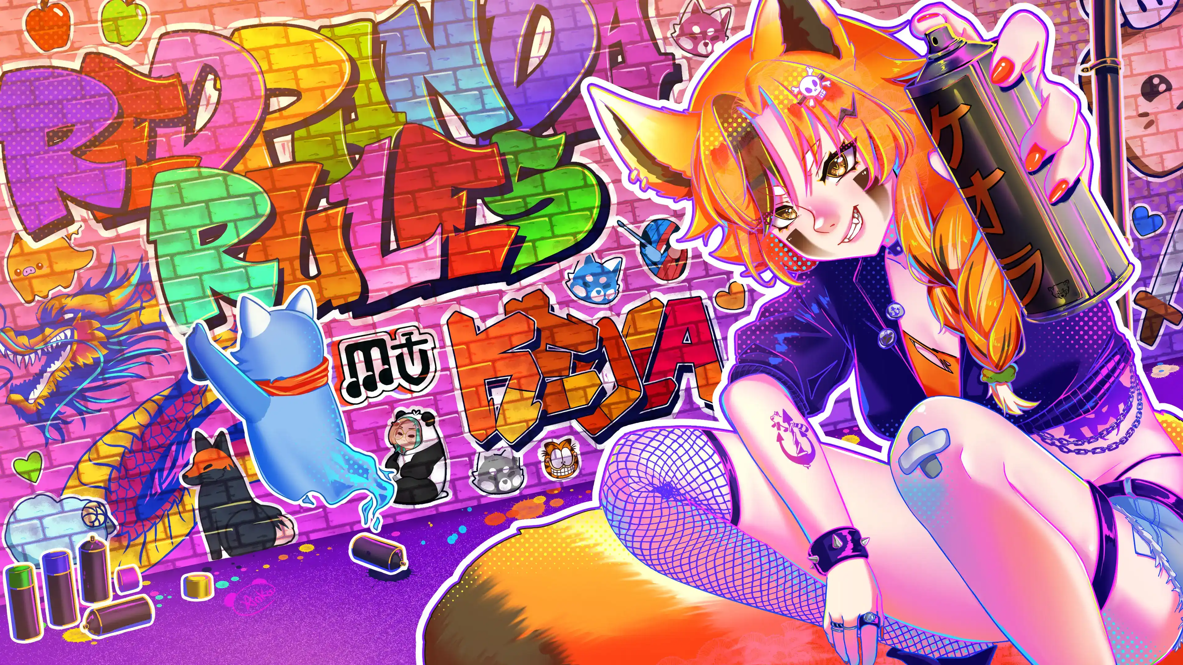 Fanart 68 : Keola fait des graffitis avec un petit esprit bleu