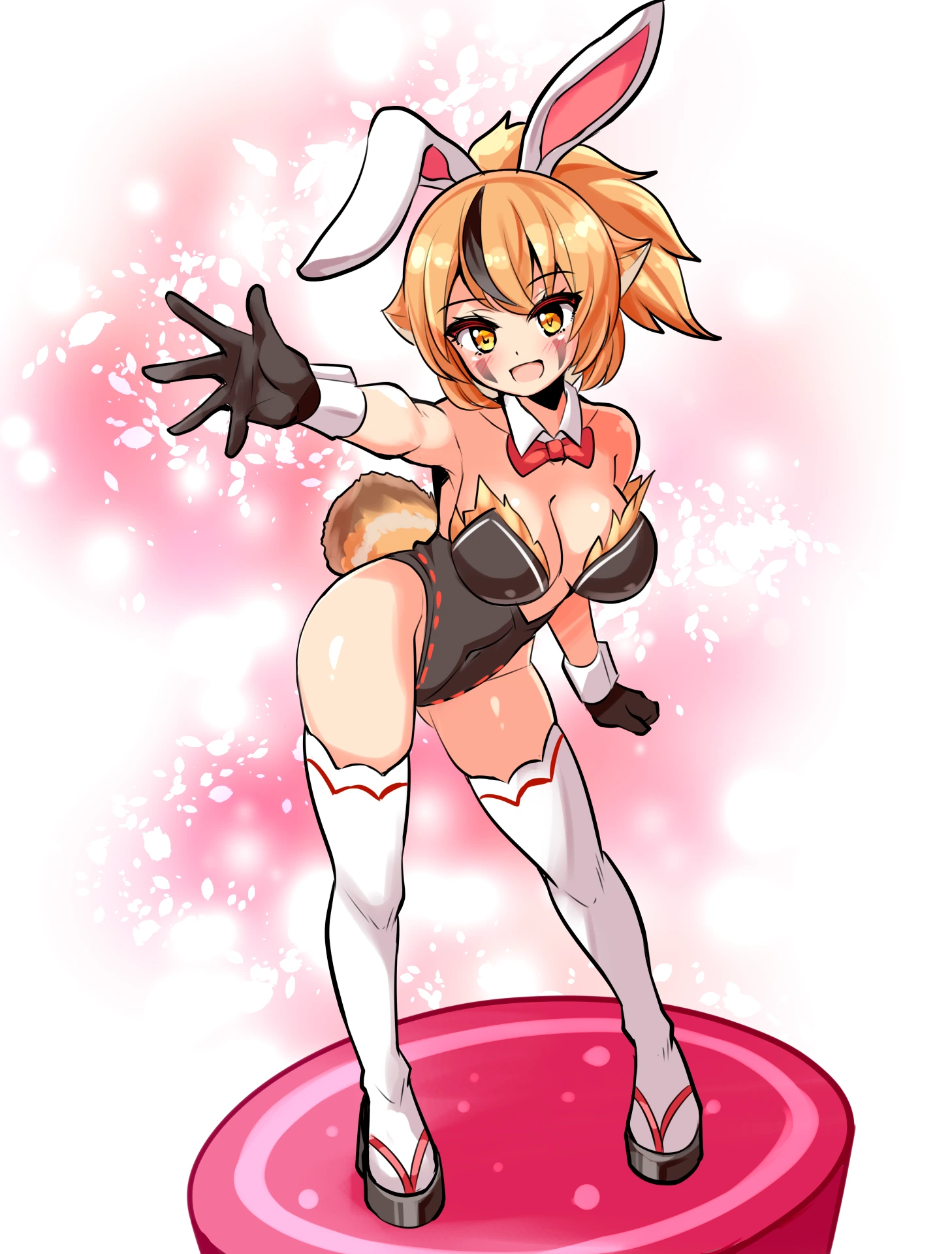 Fanart 73 : Keola avec des oreilles de lapin, sur un socle, devant un fond rouge rosé