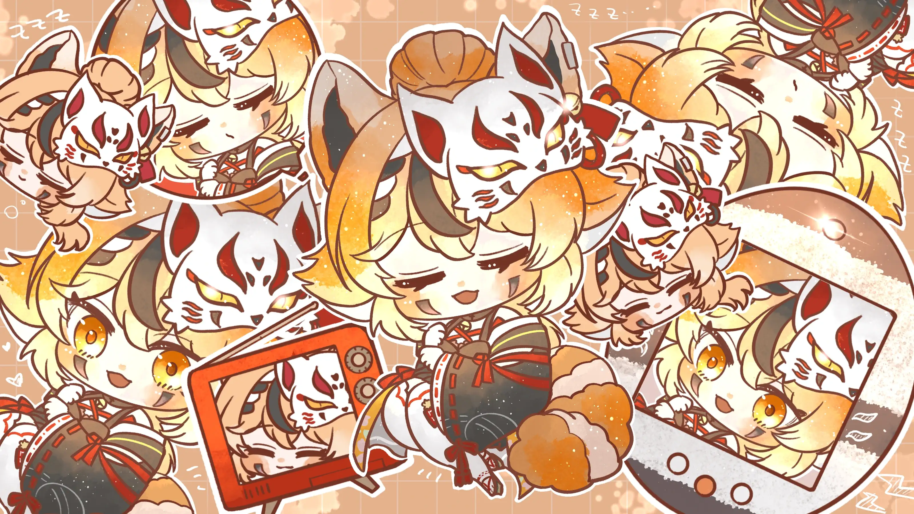 Fanart 79 : Plein de Keola ayant des expressions faciales différentes, sur fond orangé