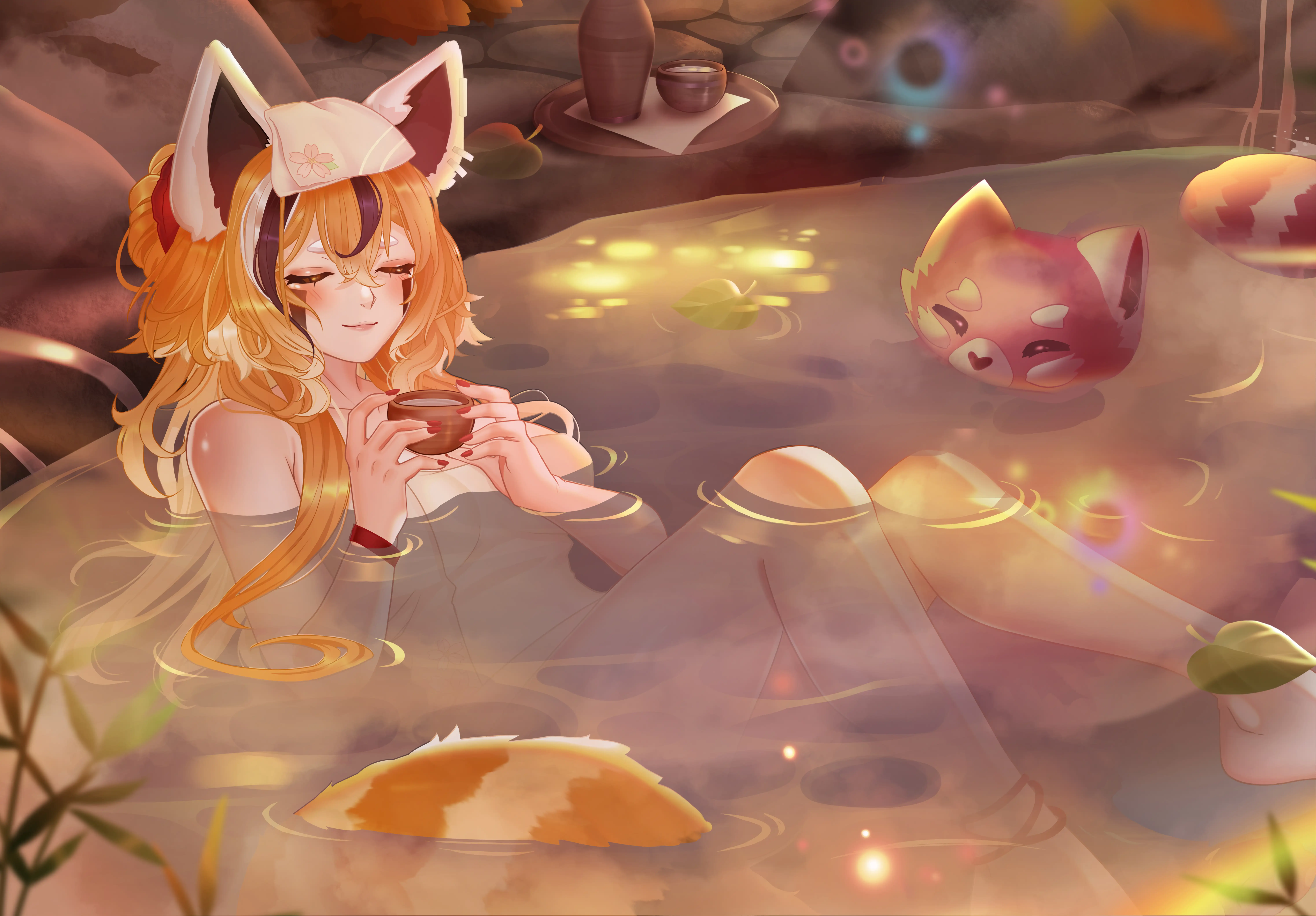 Fanart 85 : Keola se détend dans une source chaude naturelle aux côtés d'un panda roux