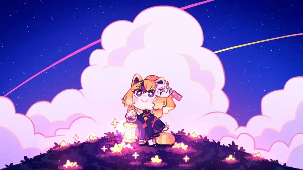 Fanart 113 : Keola sur une colline, une lanterne à la main, regarde le ciel étoilé