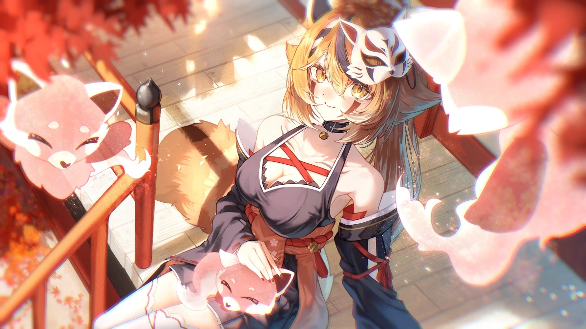 Fanart 95 : Keola, assise, dans une scène automnale, caresse un petit panda roux