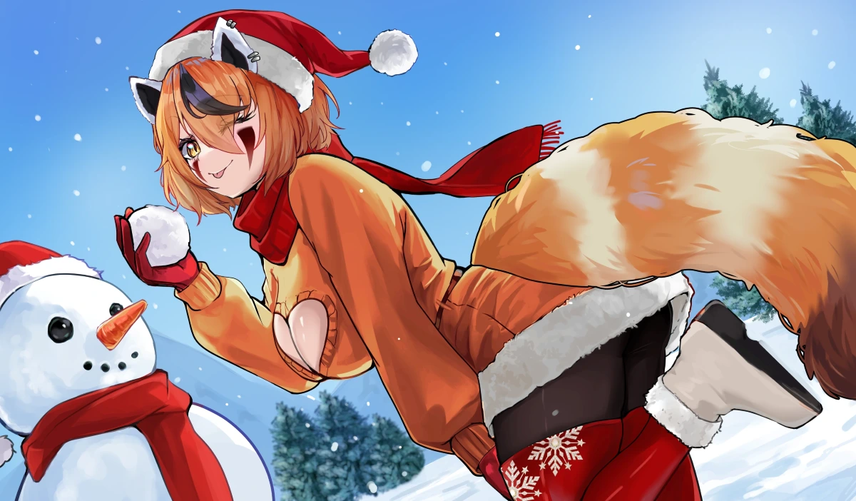 Fanart 97 : Keola, une boule de neige dans la main, fait un clin d'œil et tire la langue