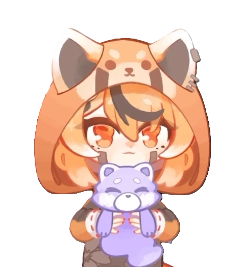 Keola en chibi, coiffée d'une capuche panda roux et tenant un petit esprit violet