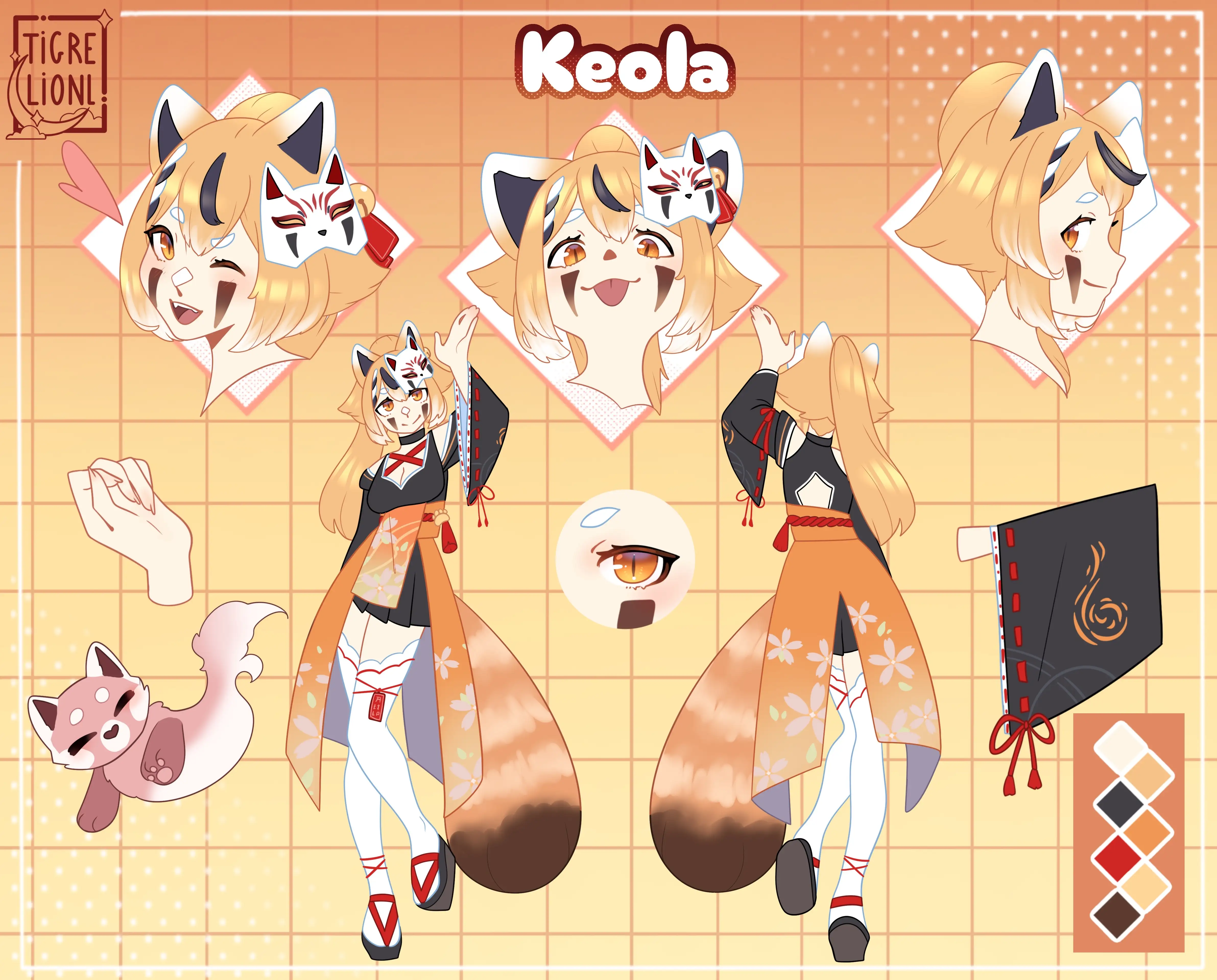Planche de référence 2025 de Keola avec vues du visage, tenue de face et de dos et palette de couleurs